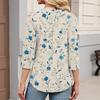 Women's Fashionable Casual Retro Floral V-Neck Decorative Button Three-Quarter Sleeve T-Shirt Top