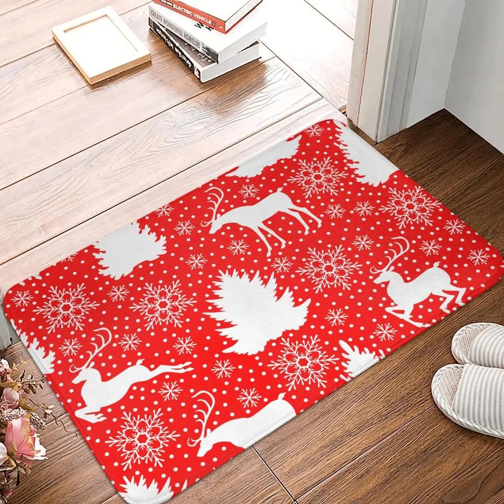 Christmas Day Reindeer Pine Branch Snowflake Pattern Entrance Mat Water Absorbent Non Slip Foot Mat Holiday Decoration