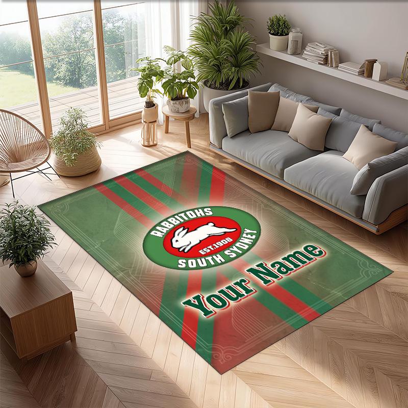 South Sydney Rabbitohs Crystal Velvet Rug, Custom Name Text Personalized Non‑Slip Floor Mat for Home Decor Gift