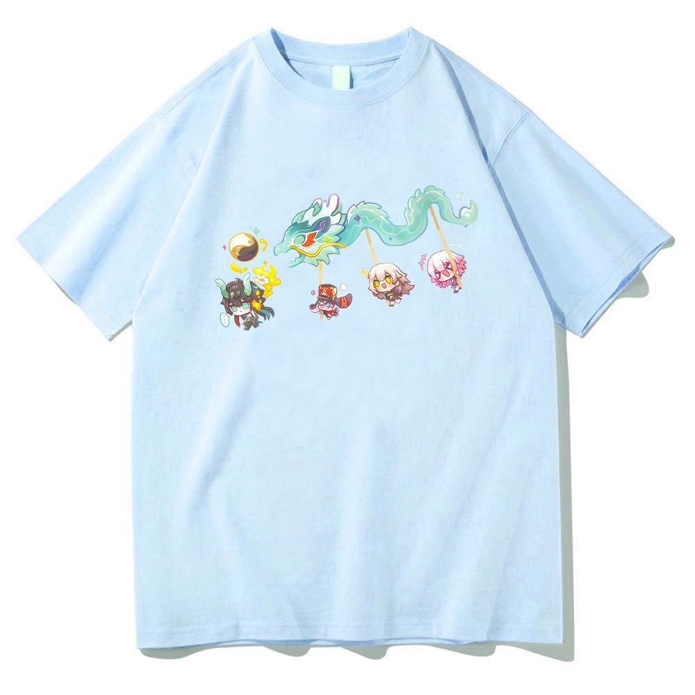 Imbibitor Lunae & Friends Dragon Dance Cotton T-shirt Honkai Star Rail Game Tees Adorable Q-version Cartoon Tops Unisex Clothing