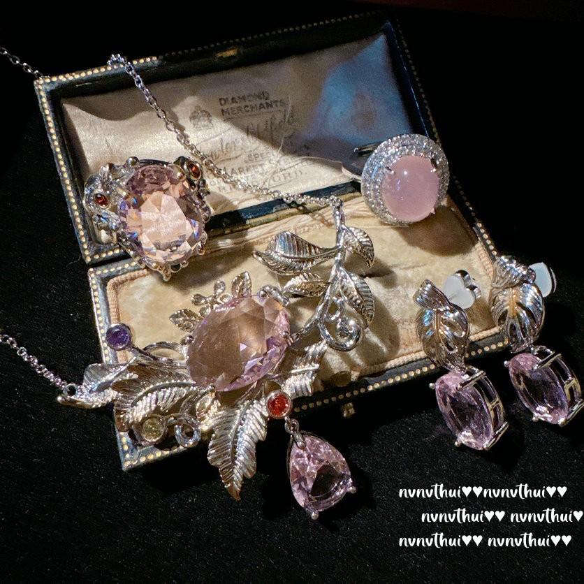 Papalacha, Pink Egg-Shaped Gemstone Grape Vine Necklace, Antique, 18K Gold Powder-Plated Water Drop Zircon Earrings.