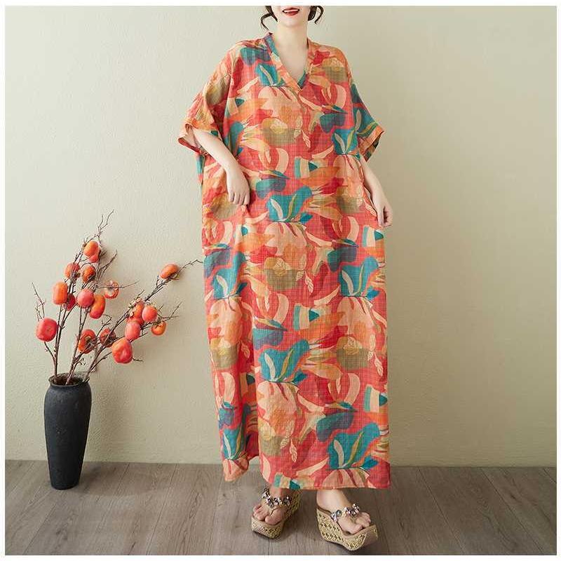 Women's Vintage Long Dress with Cotton and Linen Patterns