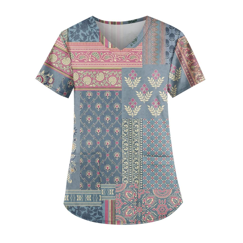 Plus Size Printed Scrub Working Uniform Tops For Women's V-Neck Short Sleeve Fun T-Shirts Workwear Tee With Pockets