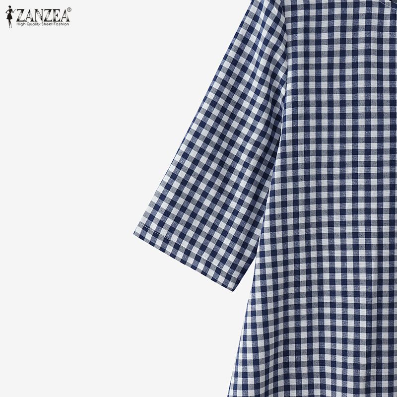 ZANZEA Women Plaid Print Casual Round Neck 3/4 Sleeve Loose Dress