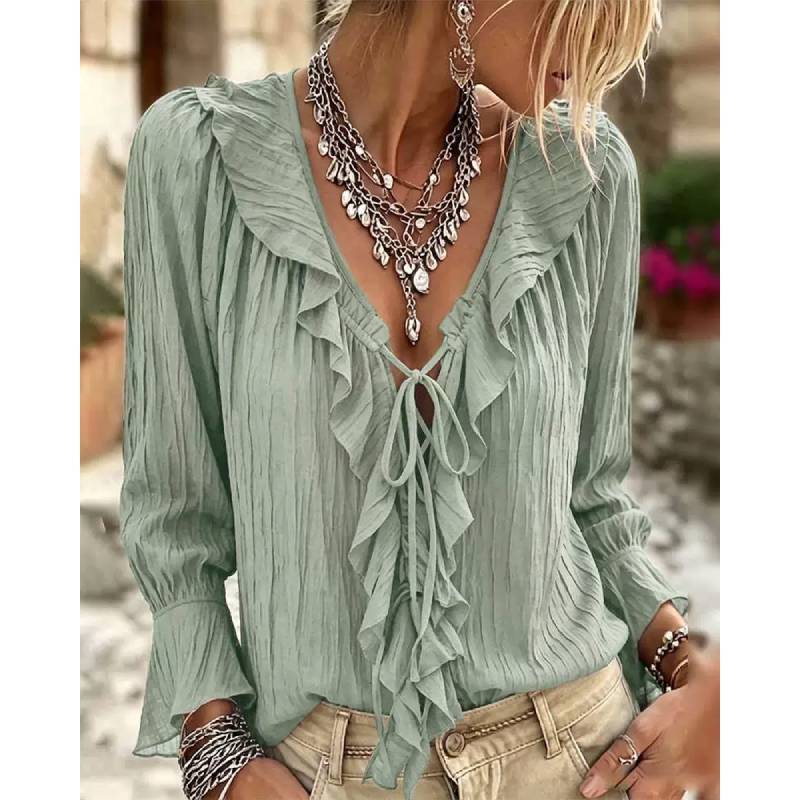Polyester Blouse With Ruffle Hem And Long Sleeves For Office Wear