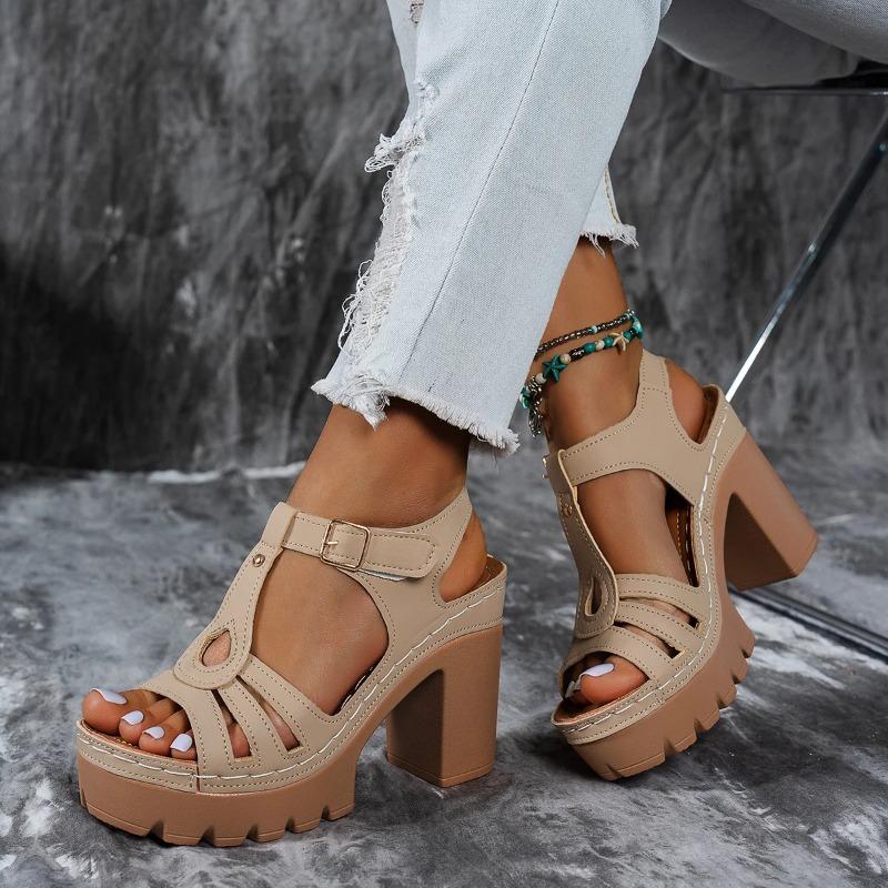 Ethnic Style Roman Line Sandals Summer Casual European American Thick Heels Women's High Heels