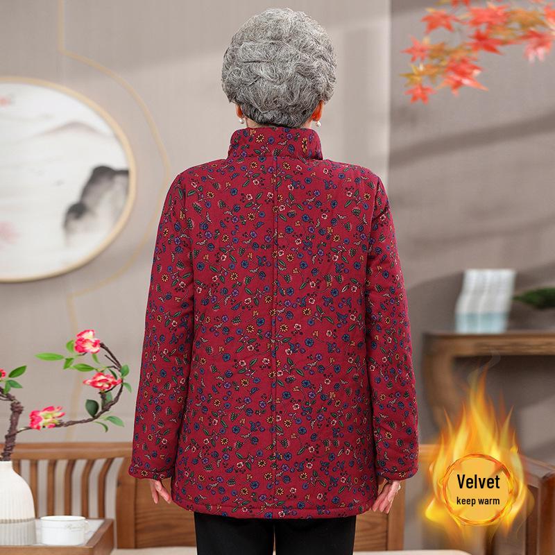 Pure Cotton Jacquard Jacket - Fleece-Lined Winter Coat for Middle-Aged and Elderly Women