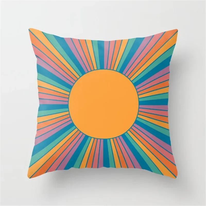 Vibrant Orange Rainbow Sunset Print Pillow Cover Abstract Geometric Lines   Sofa Car Office Cushion  Home Decor