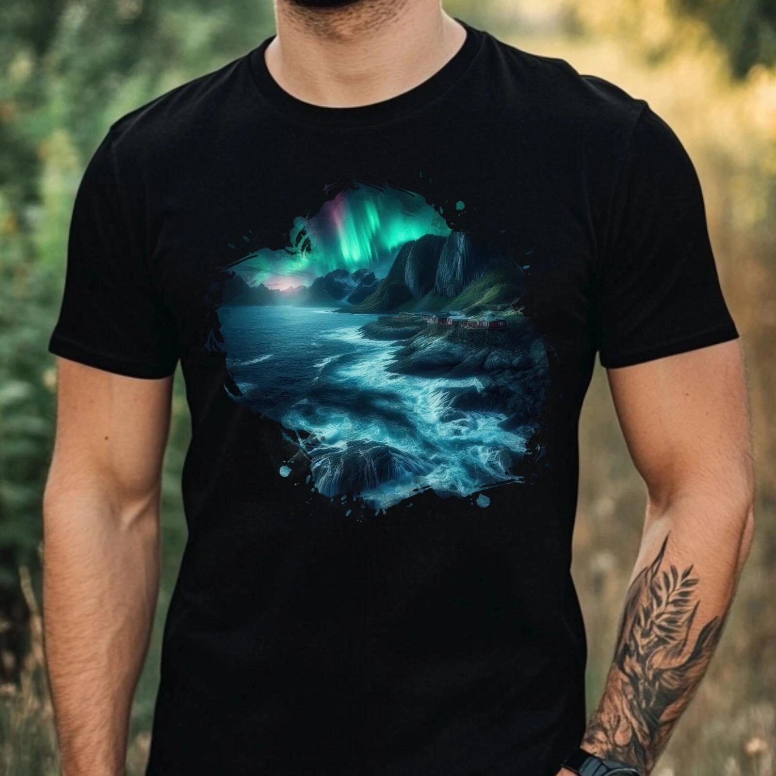 T-Shirt Herren Aquarell Nordlicht Motiv Baumwolle Größe XS bis 5XL L
