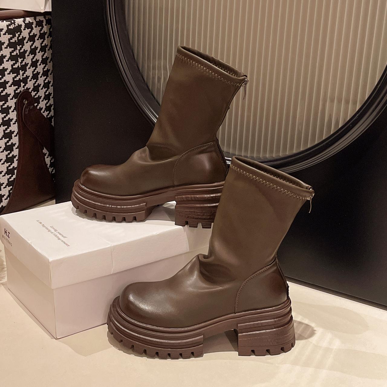 

Женские ботильоны на платформе, туфли на высоком каблуке, модные туфли Chelsea Goth 2025, зимние ретро-туфли со складками из мягкой кожи Botas Mujer 35