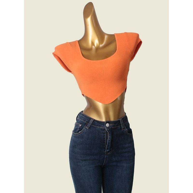 US Niche Style Brand Square Collar Knitwear Stylish Asymmetrical Summer Midriff-Baring Short Sleeve Silm T-shirt