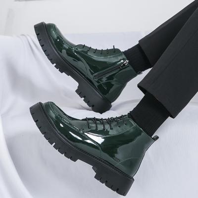 Modische Herrenschuhe aus glänzendem Leder, dicksohlige, abriebfeste Schnür-Outdoor-Arbeitsstiefel, Winter, Grün, Business-Herren-Stiefeletten