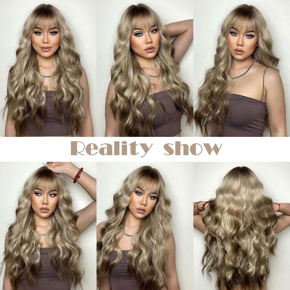 EASIHAIR Long Wavy Synthetic Wigs Blonde Ombre Hair Wig with Bangs for Women with Bangs Cosplay Daily Wig Heat Resistant