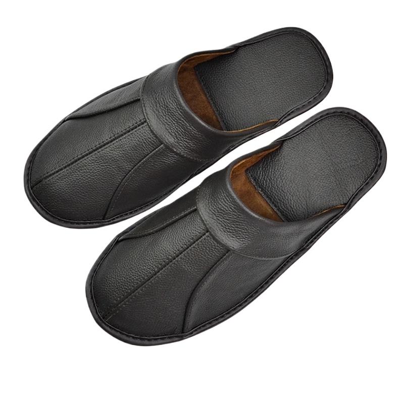 Men's Luxury Cow Split Leather Handmade Men Home Slippers Spring Slip On Soft Comfortable Black Brown Bedroom Indoor Flat Shoes