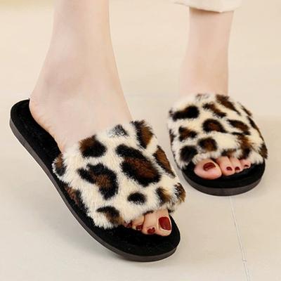 Fashion Elegant Leopard Cotton Slippers Women Autumn Winter Soft Plush Indoor House Slippers Woman Open Toe Non Slip Cotton Slides Lady