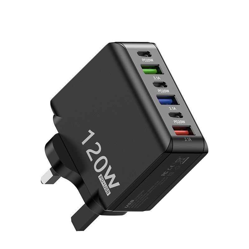 120W Multi-Port Fast Charger: 3 USB + 3 PD, US/EU/UK Compatible