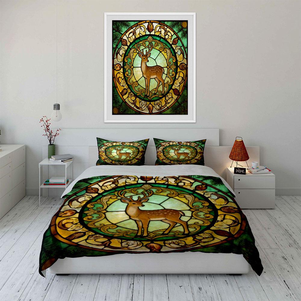 Deer Stained Glass Window Decor Soft Comfortable Duvet Cover Bedding Set Included 1*Duvet Cover & 2*Pillowcases, Gift