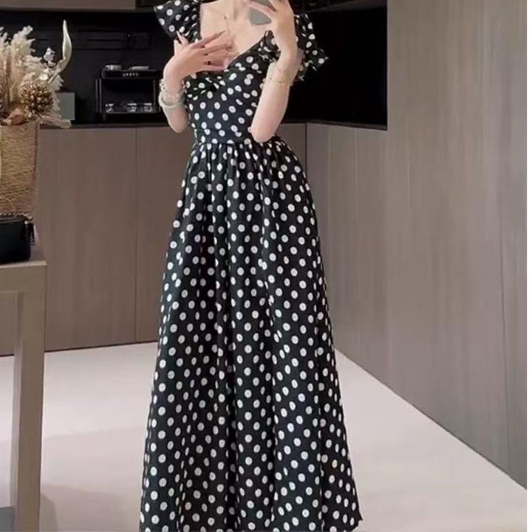 Korean Style Puff Sleeve Polka Dot A-Line Slit Dress - Summer 2026 Collection