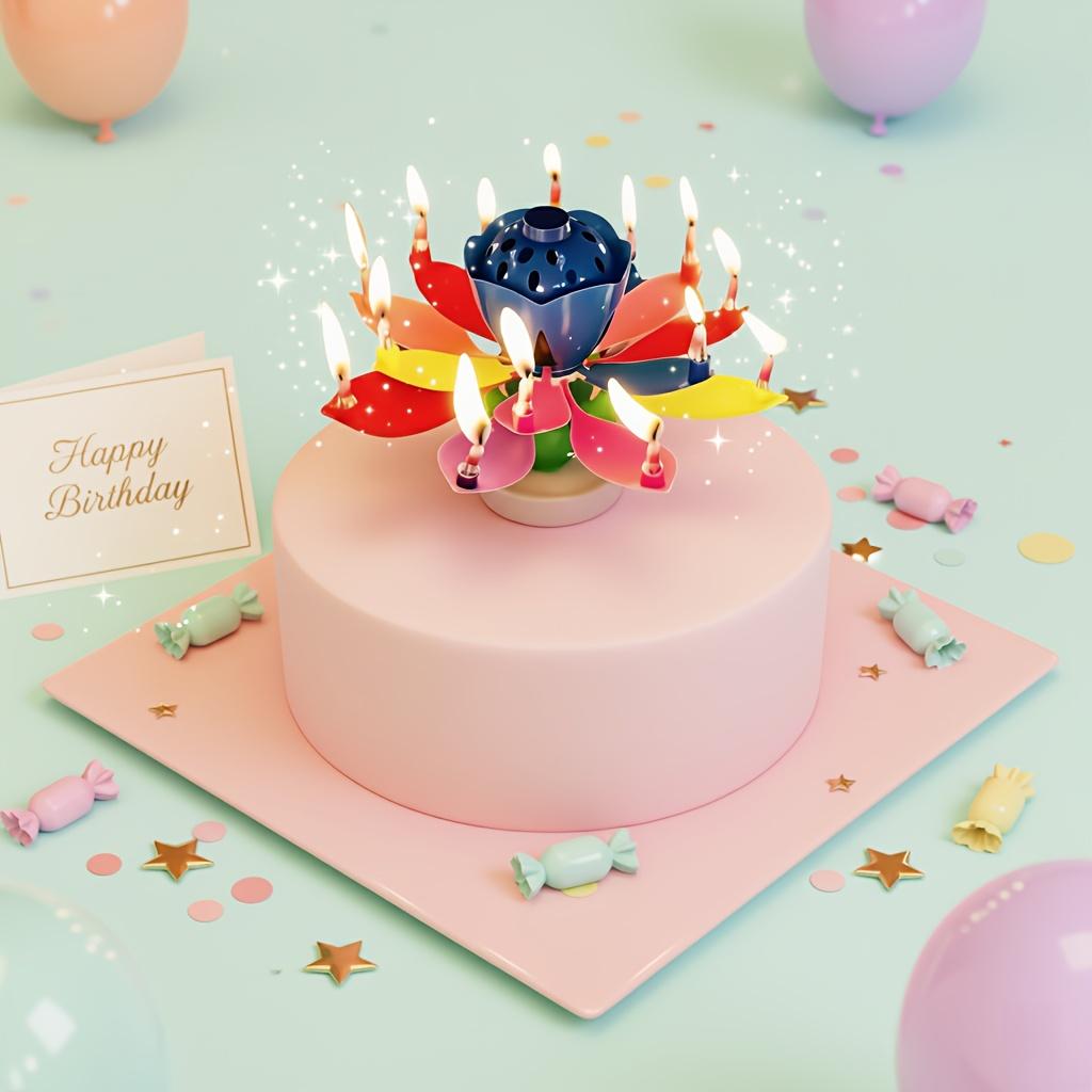 Rotating Flower Birthday Cake Candle with Music & Colorful Petals, Fun Cake Decor for Party Celebration, Gift for Kids Family