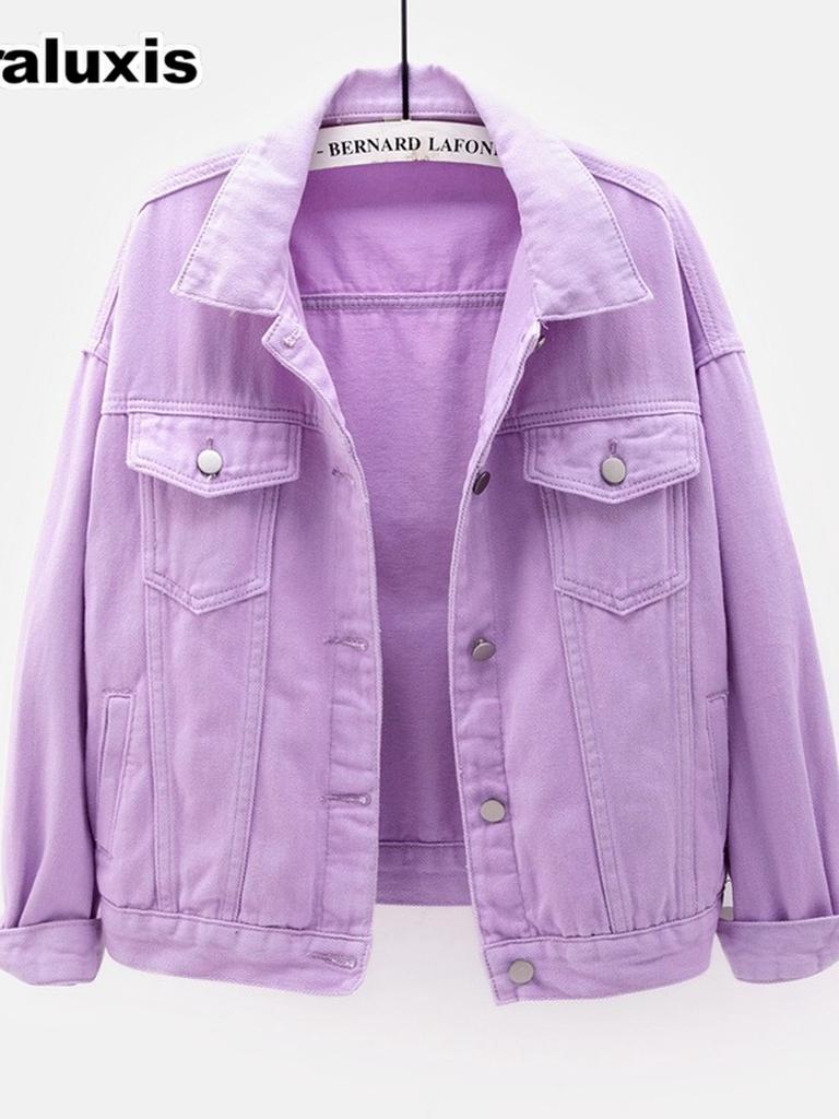 Giacca di Jeans Colorata Nuova Primavera/Autunno Taglie Forti Donna Stile Coreano Bianco Manica Lunga BF Cappotto Top Viola