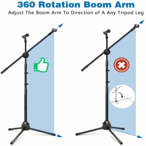 Perfect for end-of-year parties, this boom microphone stand features a tripod, a stable foldable telescoping arm, a 360-degree adjustable height, and