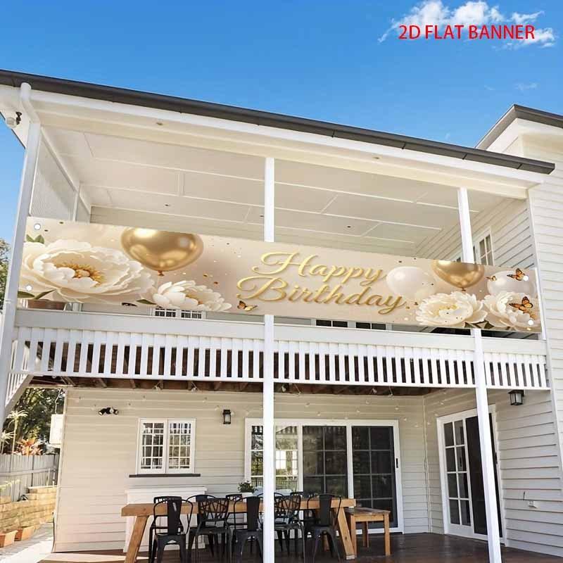 Happy Birthday Fence Banner Champagne Balloon Peony Butterfly Outdoor Yard Decor