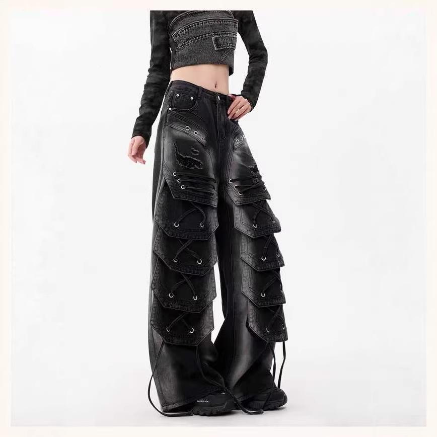 Retro Women's Wide-Leg Multi-Pocket Workwear Jeans
