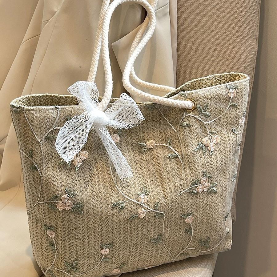 Summer Large Bag Women's Bag New Lace Bag Straw Shoulder Bag Large Capacity Hand Woven Casual Handbag
