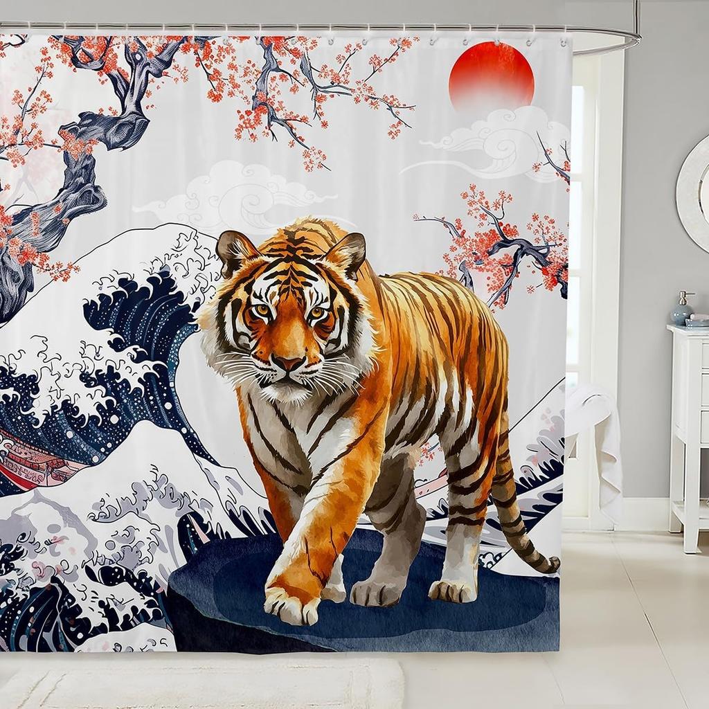 Cartoon Lion Shower Curtain for Kids Boys Girls Japanese Style Waterproof Bathroom Curtain, Vintage Ukiyoe Bath Curtain Ocean