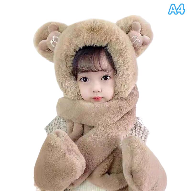 Plush Ear Integrated Cap Scarf Gloves Trendy Cute Neck Warm Balaclava For Kids Adults