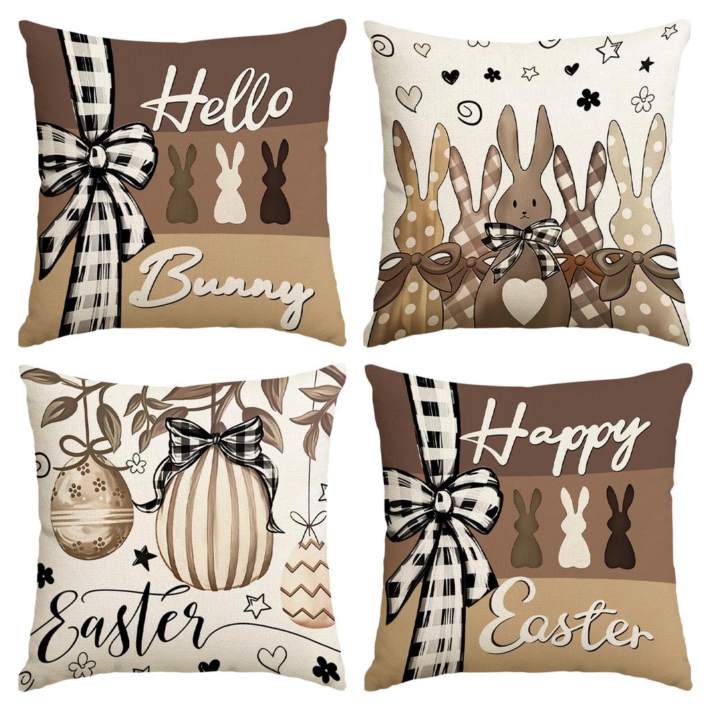 4Pcs Spring Easter Happy Pillowcase, Cute Rabbit, Plant Flowers, Easter Egg Print Home Decoration Farmhouse Sofa Cushion Cover