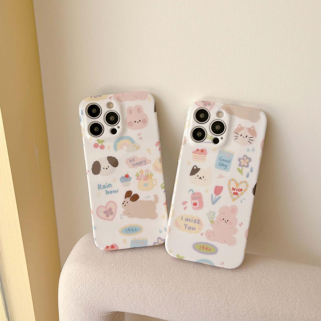 Cute Rabbit Dog Puppy Cat Bunny Cartoon Imd Couple Phone Case For Iphone 14 13 Pro Max 11 12 Promax Back Cover Rainbow Happy