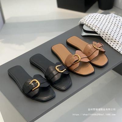 New Metal Belt Buckle One-word Slippers for Women's Outer Wear Square Head Belt Buckle Soft Bottom Beach Cool Slippers