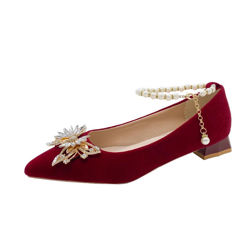 Fashion Women's Coarse Heel Shoes Autumn New Pointed Head Shallow Mouth Suede Butterfly Diamond-resistant Low Top Shoes