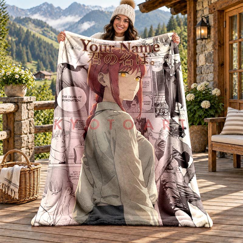 Coperta in Flanella con Nome Personalizzato Chainsaw Man Morbida Calda Coperta Plaid in Peluche Regalo Personalizzato per Famiglia Amici