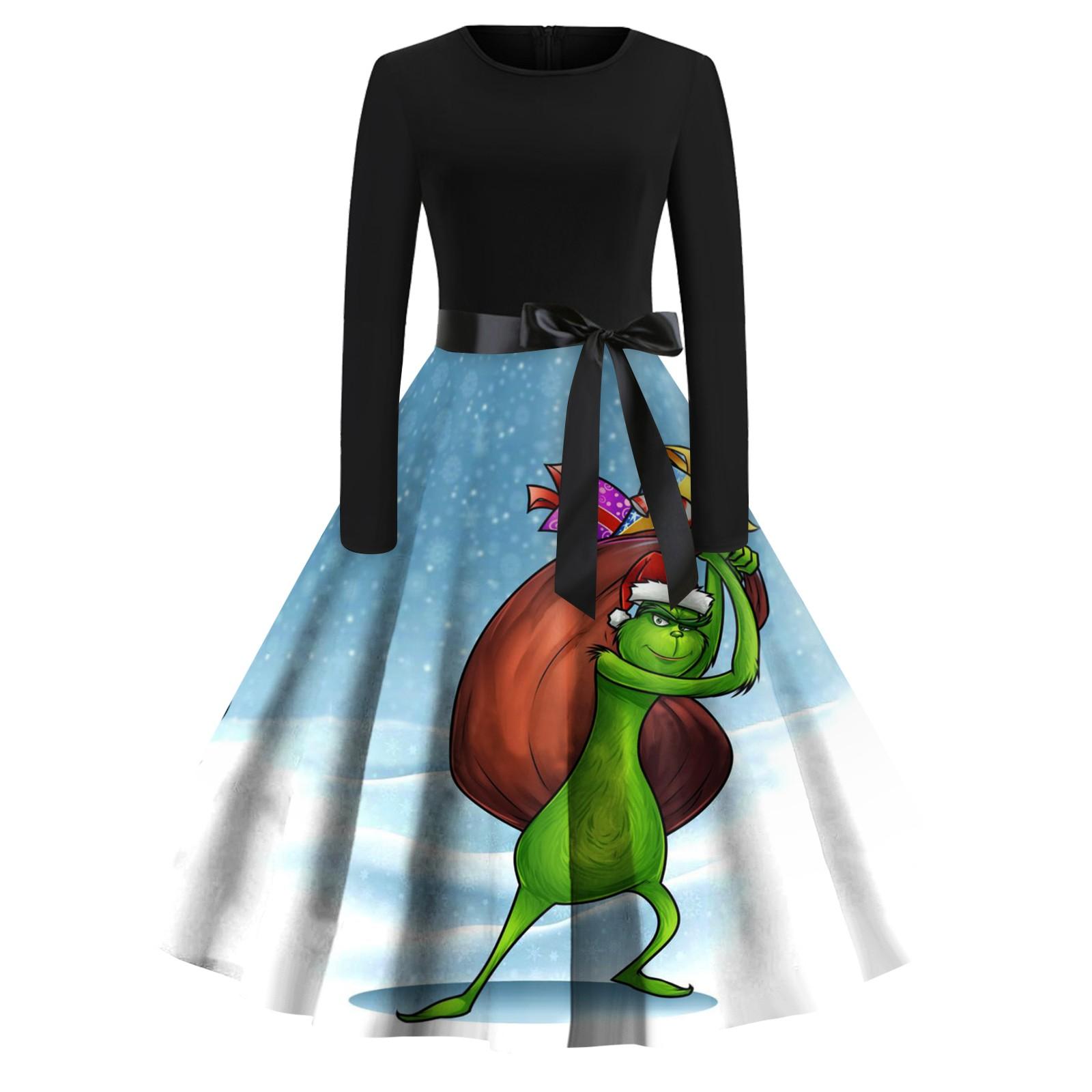 

Женское модное повседневное платье с круглым вырезом и рождественским принтом и длинными рукавами M