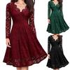 Retro Women Lace Floral V Neck Long Sleeve Tight Waist A-line Party Midi Dress
