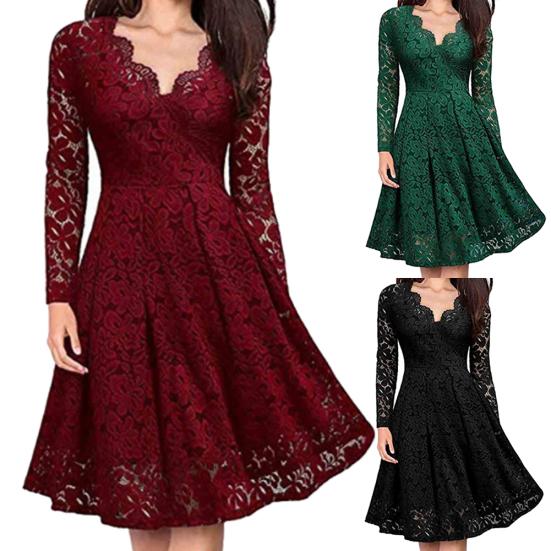 Retro Women Lace Floral V Neck Long Sleeve Tight Waist A-line Party Midi Dress
