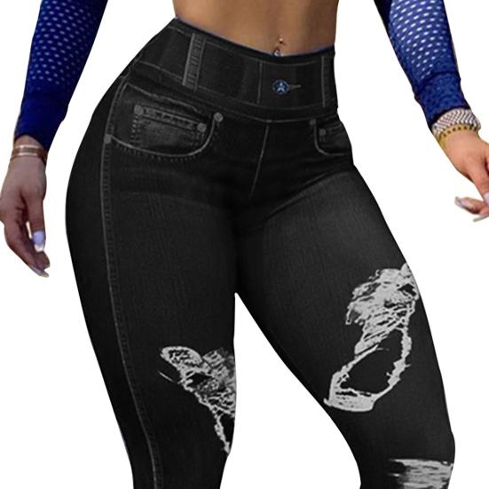 Pantaloni in Finto Denim Colore Unico Super Elastici Autunno Inverno Graffiati Colore Puro per Yoga