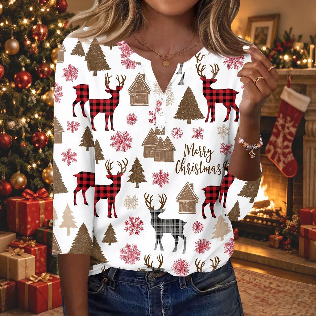 Women's Fashion Casual Christmas Print V-Neck Button Three-Quarter Sleeve T-Shirt Blouse