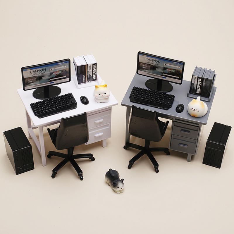 1 Set 1/12 Scale Dollhouse Miniature Furniture Kit With Computer Keyboard Desk Chair Miniature Scene Model Home Study Room Decor