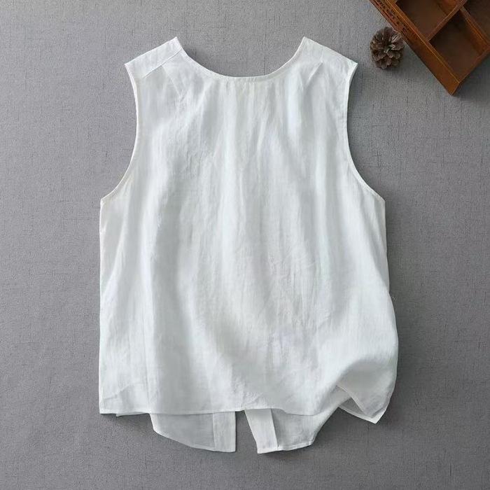 Damen Leinen Baumwolle Ärmellose Bluse Weste Wendbar Einreiher Rundhals Locker Sommer Tanktop