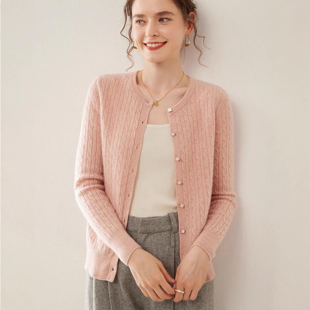 Damski kardigan z kaszmiru z warkoczowym splotem z okrągłym dekoltem – Styl koreański, dopasowany krój na jesień i zimę