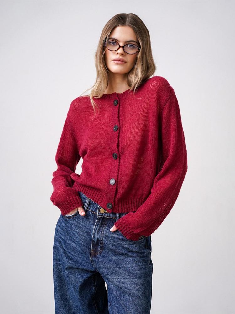 Solid Colour Simple Knitted Cardigan Autumn Lazy Versatile Casual Round-neck Jumper Women Blend Comfortable Versatile Undercoat Long Sleeves Sweater