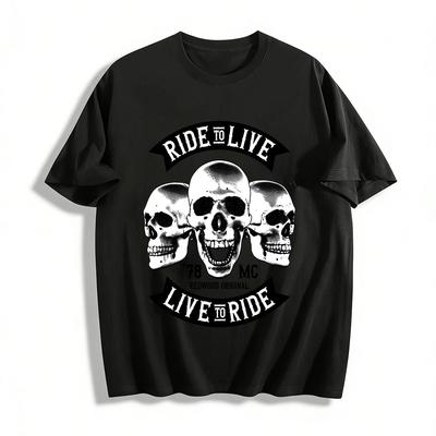 Vintage Biker Skull Print Ride To Live Motorcycle Culture T-Shirt Pure Cotton T-shirt