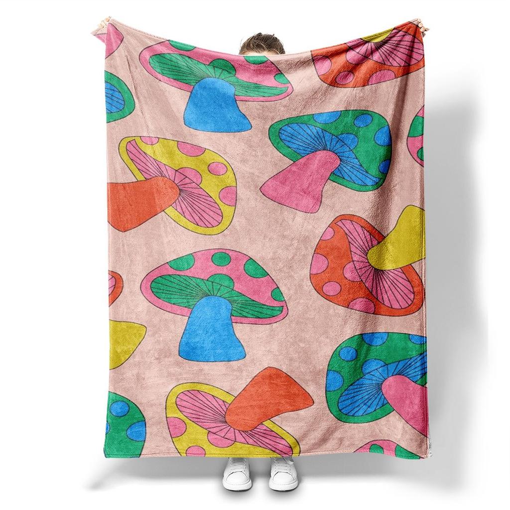 Colorful Mushroom Print Flannel Throw Blanket Soft Cozy Fleece for Home Office Sofa and Car All Season Fun Gif