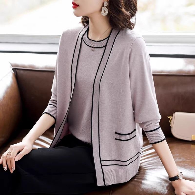 Spring Autumn Women's Knit Top Two-Piece Set Color-Block Knit Cardigan Knit Short-Sleeve T-Shirt Two-Piece Set