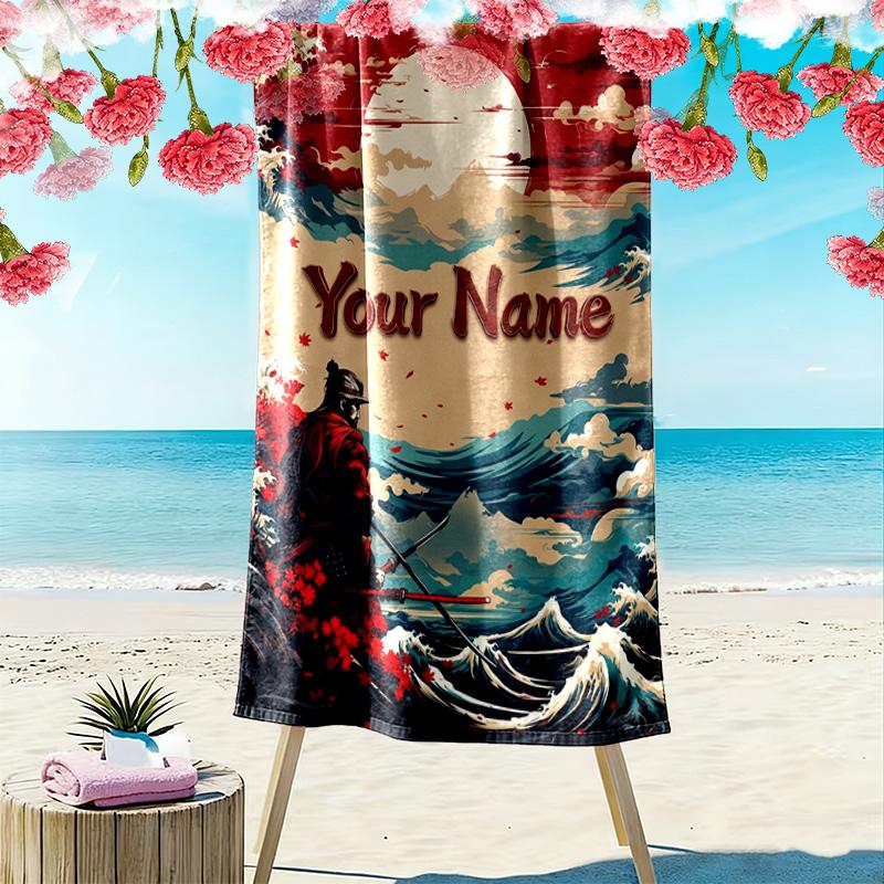 Name Custom Japanese Samurai Print Beach Towel, Large Soft Quick Dry Towel for Beach Camping Swimming