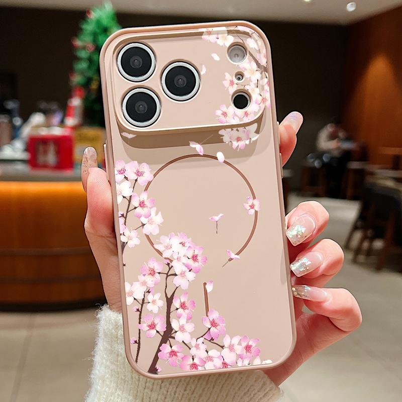 Pink Peach Blossoms Floral Pattern For iPhone 17 Pro Max Funda iPhone 16 15 14 13 Pro Max Skin Feeling Magnetic For Magsafe Shockproof Bumper Cover