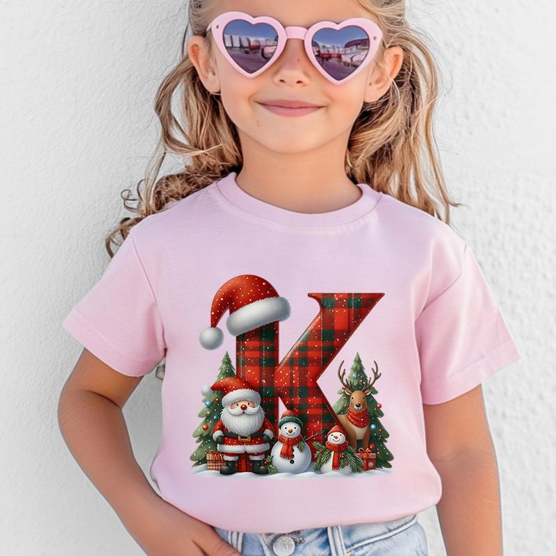 Personalized Kids Christmas T-shirt with A-Z Alphabet Print, Santa Hat Design for Boys & Girls